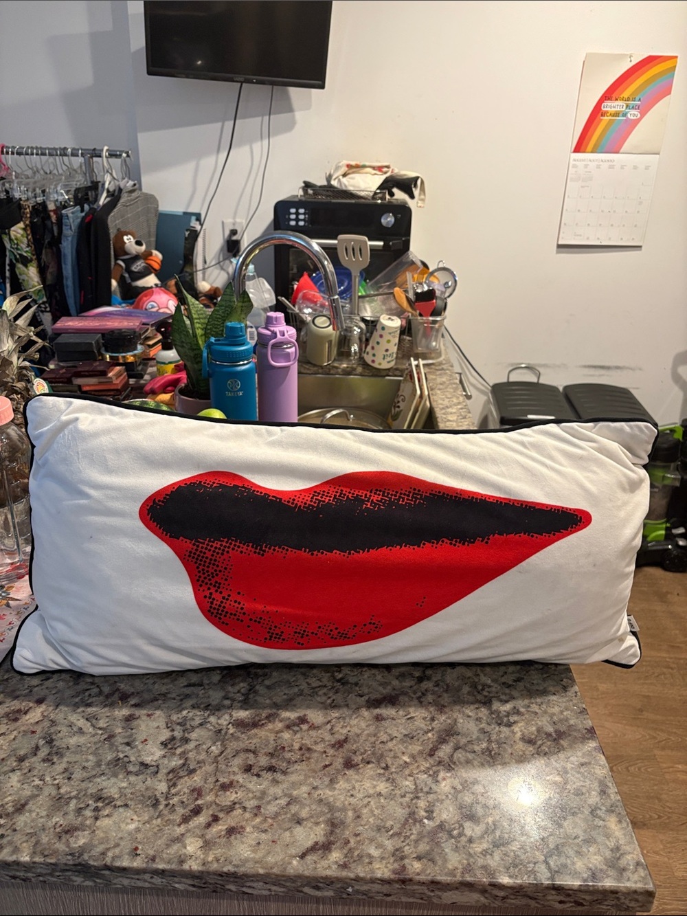 Diane Von Furstenberg White Pillow with Red and Black Lip Graphic